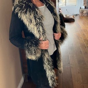 Bebe black long suede and fur coat